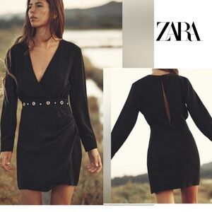 Zara black wrap V-neck long sleeve mini dress Silvertone Grommet eyelet trim M